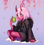  apple arm_support bangs barefoot black_robe blue_eyes child crossed_legs darling_in_the_franxx eyebrows_visible_through_hair fang feet food fruit full_body green_apple hair_between_eyes hand_up highres holding holding_food holding_fruit hood hood_down hooded_robe horns long_hair long_sleeves looking_at_viewer open_mouth pink_hair red_skin robe sitting sk_tori soles solo spoilers wide_sleeves zero_two_(darling_in_the_franxx) 