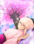  black_bow blonde_hair bow cherry_blossoms fate/grand_order fate_(series) hair_bow highres japanese_clothes looking_at_viewer lying ohako_(ohako1818) okita_souji_(fate) okita_souji_(fate)_(all) on_back petals solo tree yellow_eyes 