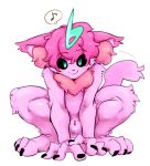  3_toes 4_fingers alternate_form balls big_ears black_sclera crouching docu_(divide) doppel ear_tuft feline front_view fur green_eyes hair long_tail looking_at_viewer male mammal monster_boy navel neck_tuft pink_fur pink_hair solo speech_bubble teal_eyes toes tuft 