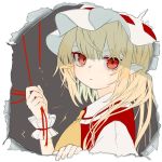  ascot bad_id bad_twitter_id blonde_hair commentary_request flandre_scarlet frilled_shirt_collar frills gotoh510 grabbing grey_background hat looking_at_viewer mob_cap pointy_ears puffy_short_sleeves puffy_sleeves red_eyes red_string short_hair short_sleeves simple_background solo string touhou upper_body white_background work_in_progress wrist_cuffs yellow_neckwear 