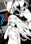  darling_in_the_franxx fang finger_to_mouth greyscale hair_over_breasts hair_over_one_eye half-closed_eyes horns karasu_raven long_hair looking_at_viewer monochrome navel nude smile solo_focus strelizia teeth zero_two_(darling_in_the_franxx) 