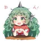  :3 :d animal_ears a~_un~ blush caramell0501 collared_shirt curly_hair eyebrows_visible_through_hair fang horn komano_aun long_hair open_mouth paw_pose red_shirt shiny shiny_hair shirt short_sleeves simple_background smile solo sparkling_eyes table tareme touhou translation_request upper_body v-shaped_eyebrows very_long_hair white_background 