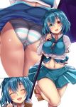  adapted_costume arm_under_breasts ass bangs bare_legs blue_eyes blue_hair blue_panties blue_skirt breast_hold breasts closed_eyes commentary_request ebi_193 geta hair_between_eyes head_tilt heterochromia holding holding_umbrella juliet_sleeves large_breasts long_sleeves looking_at_viewer midriff miniskirt multiple_views navel open_mouth panties pantyshot pantyshot_(standing) puffy_sleeves red_eyes sandals skirt skirt_set smile standing standing_on_one_leg striped striped_panties tatara_kogasa thigh_gap touhou umbrella underwear vest wind wind_lift 