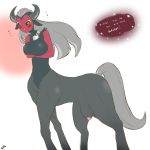  2014 anthro black_sclera blush breasts cold-blooded-twilight collar crossed_arms crossgender demon dialogue english_text equine equine_taur facial_piercing fangs female friendship_is_magic frown fur grey_hair hair hi_res horn looking_at_viewer mammal my_little_pony nipples nose_piercing nose_ring piercing red_skin septum_piercing simple_background solo taur teats text tirek_(mlp) white_background yellow_eyes 