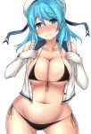  ass_visible_through_thighs bangs bare_shoulders beret bikini black_bikini black_ribbon blue_eyes blue_hair blush breasts cleavage closed_eyes closed_mouth collarbone commentary contrapposto cowboy_shot double_bun eyebrows_visible_through_hair gloves groin hat head_tilt heart heart-shaped_pupils kantai_collection large_breasts legs_apart long_hair looking_at_viewer microphone navel nose_blush open_clothes open_shirt ribbon shiny shiny_skin shirt side-tie_bikini simple_background skindentation sleeveless sleeveless_shirt smile solo standing stomach string_bikini swimsuit symbol-shaped_pupils tareme terakoya unbuttoned unbuttoned_shirt undressing urakaze_(kantai_collection) white_background white_gloves white_hat white_shirt 
