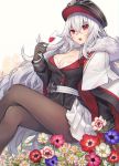  1girl :o alcohol anemone_(flower) arm_at_side azur_lane bangs black_hat black_jacket breasts brown_gloves brown_legwear capelet cleavage crossed_legs cup daisy drinking_glass eyebrows_visible_through_hair feet_out_of_frame flower fur-trimmed_capelet fur_trim gloves graf_zeppelin_(azur_lane) hair_between_eyes hat holding holding_cup iron_cross jacket long_hair long_sleeves looking_at_viewer medium_breasts military military_uniform miniskirt open_mouth pantyhose pleated_skirt red_eyes shirt silver_hair simple_background skirt sleeve_cuffs solo tsurime uniform very_long_hair white_background white_capelet white_shirt wine 