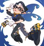  alternate_hair_length alternate_hairstyle amulet ankle_gun bayonetta bayonetta_(character) bayonetta_2 black_hair blue_eyes bodysuit crossover eyeshadow glasses gun handgun inkling lipstick makeup mole mole_under_mouth nicole_echeverria nintendo quadruple_wielding simple_background smile solo splatoon_(series) super_smash_bros. weapon 