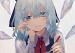  blue_eyes blue_hair chin_rest cirno hair_ribbon ice ice_wings isshin_(kaxz) left-handed looking_at_viewer neck_ribbon ribbon short_hair solo touhou upper_body wings 