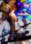  blonde_hair closed_mouth colorful commentary cowboy_shot dark_angel_olivia dress elbow_gloves fiery_wings fire flaming_sword from_behind gloves granblue_fantasy grey_dress hair_ornament highres holding holding_sword holding_weapon horns looking_at_viewer looking_back multicolored multicolored_wings purple_gloves red_eyes scabbard sheath shimashima_(simasima_23) short_dress smile sword unsheathed weapon wings 