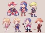  4boys armor blue_eyes blue_hair blush chibi clarine couple dorothy_(fire_emblem) dress fire_emblem fire_emblem:_fuuin_no_tsurugi fire_emblem_heroes hat highres jewelry klein_(fire_emblem) lilina long_hair multiple_boys multiple_girls open_mouth red_hair roy_(fire_emblem) saul_(fire_emblem) short_hair simple_background sisuko1016 smile wolt 