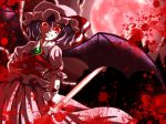  bat_wings blood blood_splatter blue_hair commentary_request evil evil_eyes evil_smile fangs grin highres looking_down moon red_eyes red_moon remilia_scarlet shimomu_(shimom2) short_hair smile touhou wings 