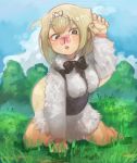  absurdres anteater_tail blonde_hair blue_sky bow bowtie brown_eyes bug butterfly butterfly_on_nose cloud commentary_request cross_eyed day eyebrows_visible_through_hair fur_collar grass hairband hand_up highres insect kajitsu_ohima kemono_friends open_mouth outdoors short_hair silky_anteater_(kemono_friends) sky solo 