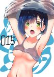  :o amagami_(makise_tsubaki) areola_slip areolae armpits arms_up blue_hair blush bra bra_lift breasts character_name collarbone covered_nipples darling_in_the_franxx eyebrows_visible_through_hair green_eyes grey_bra grey_shirt hair_ornament hairclip highres ichigo_(darling_in_the_franxx) lifted_by_self looking_at_viewer medium_breasts navel open_mouth shirt shirt_lift short_hair stomach sweat tareme two-tone_background underboob underwear undressing upper_body wet wet_hair 