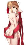  ahoge arm_up ass back bangs blonde_hair braid braided_bun breasts closed_mouth collarbone cowboy_shot earrings eyebrows_visible_through_hair fate/extra fate_(series) from_side green_eyes hair_bun hair_intakes hair_ribbon hand_on_own_head jewelry looking_at_viewer looking_to_the_side medium_breasts michihasu nero_claudius_(fate)_(all) nude pouty_lips red_ribbon ribbon shawl shiny shiny_skin short_hair sideboob sidelocks simple_background smile solo standing tied_hair tsurime white_background 