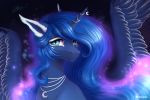  2018 blue_eyes crescent_moon detailed_background digital_media_(artwork) equine eyelashes feathered_wings feathers female fenwaru feral friendship_is_magic fur hair hi_res horn jewelry looking_at_viewer makeup mammal moon my_little_pony necklace princess_luna_(mlp) signature smile solo sparkles watermark winged_unicorn wings 