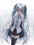 akira_(been0328) aqua_eyes aqua_hair blush detached_sleeves eyebrows_visible_through_hair feathers hair_between_eyes hatsune_miku long_hair necktie skirt sleeves_past_wrists solo thighhighs twintails very_long_hair vocaloid 