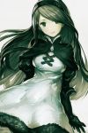  agnes_oblige black_gloves bravely_default:_flying_fairy bravely_default_(series) closed_mouth dress gloves green_eyes green_hair grey_background hairband hankuri juliet_sleeves long_hair long_sleeves looking_at_viewer puffy_sleeves simple_background smile solo white_dress 