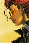  crimson_viper earrings glasses hankuri jewelry light_smile parted_lips pince-nez portrait profile red_hair smile solo street_fighter street_fighter_iv_(series) sunglasses tinted_eyewear wing_collar yellow-tinted_eyewear yellow_background 