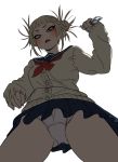  blonde_hair blush boku_no_hero_academia breasts cardigan commentary_request double_bun fang from_below highres knife looking_at_viewer nega_samurai open_mouth panties pantyshot pantyshot_(standing) pleated_skirt red_neckwear sailor_collar school_uniform serafuku skirt small_breasts standing toga_himiko underwear upskirt white_panties wide_hips yandere_trance 