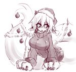  2015 animal_humanoid anthro bent_over big_breasts black_sclera blush breasts christmas christmas_decorations christmas_ornament female fluff_snake fluffy fur hi_res holidays humanoid hybrid lamia looking_at_viewer lying monochrome monster_girl_(genre) open_mouth pointy_ears reptile scalie shenti shy simple_background sketch slit_pupils snake solo sub-res tinsel white_background 