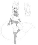  2017 animal_humanoid big_tail breasts canine clothed clothing crop_top female fingerless_gloves fluffy fluffy_tail fox_humanoid gloves hair hi_res huge_tail humanoid inner_ear_fluff jewelry legwear mammal midriff model_sheet monochrome navel necklace open_mouth shirt shorts simple_background sketch skinny slim slit_pupils small_breasts socks solo standing sub-res suzu_(sub-res) tight_clothing white_background wide_hips 