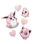  blue_eyes brown_eyes closed_mouth commentary_request creature gen_1_pokemon gen_2_pokemon happy heart igglybuff jigglypuff no_humans open_mouth pink pink_skin pokemon pokemon_(creature) shie_(jackmarumaru) simple_background smile upper_body white_background wigglytuff 