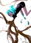  amputee androgynous artist_name blue_eyes blue_hair broken commentary dated feet_out_of_frame gem_uniform_(houseki_no_kuni) gold golden_arms hair_over_one_eye highres houseki_no_kuni kawa_(ricopin35) looking_at_viewer missing_limb phosphophyllite shards short_hair solo sparkle spoilers 