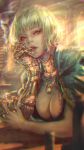  blonde_hair blurry blurry_foreground breasts chin_rest chromatic_aberration cigarette cleavage commentary_request cyborg depth_of_field highres jewelry kaburagi_yasutaka large_breasts lighter looking_at_viewer mechanical_arm necklace original parted_lips prosthesis prosthetic_arm short_hair solo 