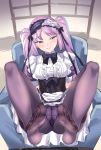 alternate_costume armchair bangs black_footwear black_legwear black_neckwear blush bow bow_panties bowtie buttons center_frills chair commentary corset dress euryale eyebrows_visible_through_hair fate/grand_order fate_(series) feet frills full_body gothic_lolita grin gusset hairband half-closed_eyes head_tilt indoors legs legs_up lolita_fashion lolita_hairband long_hair looking_at_viewer maid no_shoes panties panties_under_pantyhose pantyhose pink_bow pov_feet puffy_short_sleeves puffy_sleeves purple_eyes purple_hair purple_legwear purple_panties shirokuma_a short_sleeves sitting sketch smile soles solo thighband_pantyhose twintails underwear very_long_hair white_dress 