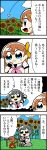  4koma :d arihara_tsubasa arm_up bangs baseball baseball_uniform bkub blue_eyes bow brown_hair clenched_hand comic commentary_request cooking eyebrows_visible_through_hair field fingerless_gloves fire flower gloves green_eyes grey_hair hachigatsu_no_cinderella_nine hair_bow hand_on_own_face highres kawakita_tomoe long_hair multiple_girls necktie open_mouth rock shirt short_hair simple_background sitting_on_rock smile speech_bubble sportswear stick sunflower sweatdrop talking translation_request two-tone_background yellow_bow 