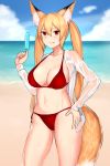  :3 animal_ears beach blonde_hair blush breasts cleavage collarbone day eyebrows_visible_through_hair food fox_ears fox_tail hand_on_hip highres large_breasts long_hair looking_at_viewer mathew_(srmmk_mce) navel ocean original outdoors popsicle red_eyes smile solo swimsuit tail tongue tongue_out twintails very_long_hair 