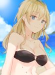  alternate_hairstyle bandeau bangs beach bikini black_bikini blonde_hair blue_eyes blurry blurry_background blurry_foreground breasts cleavage closed_mouth cloud cloudy_sky collarbone commentary darjeeling day depth_of_field eyebrows_visible_through_hair girls_und_panzer hair_down long_hair looking_at_viewer medium_breasts o-ring o-ring_bikini ocean outdoors sidelocks sky smile solo swept_bangs swimsuit tam_a_mat water_drop wet 