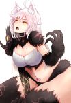  agrius_metamorphosis ahoge animal_ears arano_oki atalanta_(alter)_(fate) atalanta_(fate) bangs black_legwear braid breasts cat_ears claws cleavage commentary_request eyebrows_visible_through_hair fangs fate/grand_order fate_(series) fur hair_between_eyes hand_up highres large_breasts long_hair looking_at_viewer navel open_mouth pubic_tattoo silver_hair simple_background solo tattoo thighhighs very_long_hair white_background yellow_eyes 