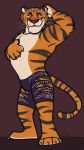  2016 4_fingers 4_toes anthro binturongboy black_fur body_hair chest_hair claws clothed clothing digital_drawing_(artwork) digital_media_(artwork) disney feline fur leg_hair male mammal markings multicolored_fur multicolored_tail orange_fur simple_background smile solo striped_fur stripes tiger tiger_dancer_(zootopia) toe_claws toes topless zootopia zootopia_shorts 