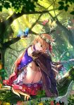  animal arisa_(shadowverse) arrow bird black_footwear black_legwear blonde_hair blue_shirt blush boots bow_(weapon) closed_mouth commentary_request dappled_sunlight day elbow_gloves elf fairy fairy_wings flower flower_wreath forest gloves green_eyes green_shirt hair_ribbon head_tilt head_wreath highres holding holding_flower house in_tree leg_hug light_brown_hair long_hair looking_to_the_side mouth_hold nature outdoors petals pink_flower pleated_skirt pointy_ears puffy_short_sleeves puffy_sleeves purple_flower quiver red_flower red_ribbon ribbon shadowverse shirt short_sleeves sitting skirt sleeveless sleeveless_shirt smile solo sunlight swordsouls thigh_boots thighhighs tree very_long_hair weapon white_flower white_skirt wings 