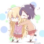  :d ^_^ ahoge bafarin black_legwear blonde_hair blue_eyes cardigan chibi closed_eyes commentary_request eighth_note from_side full_body gabriel_dropout hair_ornament hairclip hands_in_pockets happy highres hug jitome long_hair multicolored multicolored_polka_dots multiple_girls musical_note open_mouth pink_hoodie pleated_skirt polka_dot polka_dot_background profile purple_hair red_skirt school_uniform signature skirt smile tenma_gabriel_white tsukinose_vignette_april twitter_username very_long_hair white_background x_hair_ornament 
