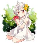 apple chiya_(urara_meirochou) commentary_request dress food food_themed_hair_ornament fruit full_body hair_ornament harikamo holding holding_food long_hair parted_lips red_eyes seiza sitting sleeveless sleeveless_dress solo translation_request urara_meirochou white_hair 