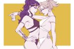  alternate_costume alternate_skin_color arm_tattoo armlet artist_name beer_can bikini blonde_hair bracelet breast_press breasts can cote_d'azur_widowmaker earrings high_ponytail hoop_earrings jewelry kenjo_(kitkat) long_hair mercy_(overwatch) multiple_girls o-ring o-ring_bikini overwatch purple_hair simple_background small_breasts swimsuit symmetrical_docking symmetrical_pose tattoo widowmaker_(overwatch) yellow_background yuri 