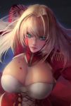 ahoge blonde_hair blood blood_on_breasts blood_on_face breasts cleavage cleavage_cutout dress dripping epaulettes fate/extra fate_(series) fighting_stance green_eyes hair_intakes highres large_breasts lips long_hair looking_at_viewer nero_claudius_(fate) nero_claudius_(fate)_(all) parted_lips plaster_(2501) red_dress shiny shiny_hair solo upper_body v-shaped_eyebrows 