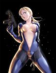  1girl :o arm_behind_back backlighting black_background blonde_hair blue_eyes bodysuit breasts breasts_apart center_opening collarbone cowboy_shot dual_wielding from_below gloves gluteal_fold groin gun hair_tie harness head_tilt hexagram hips holding holding_gun holding_weapon jill_valentine large_breasts legs legs_apart long_sleeves low_ponytail navel no_bra open_clothes open_mouth outline ponytail resident_evil resident_evil_5 shiny shiny_clothes shiny_skin simple_background skin_tight solo standing stomach submachine_gun thighs thor_(deep_rising) trigger_discipline unzipped water water_drop weapon wet wet_clothes wet_hair 
