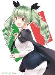 anchovy anzio_school_uniform artist_name ass bangs black_cape black_neckwear black_ribbon black_skirt cape commentary dated dress_shirt drill_hair eyebrows_visible_through_hair fang from_side girls_und_panzer green_hair hair_ribbon holding italian_flag long_hair long_sleeves looking_at_viewer miniskirt necktie open_mouth pantyhose pleated_skirt red_eyes ribbon riding_crop school_uniform shirt signature skirt smile solo standing tam_a_mat twin_drills twintails white_legwear white_shirt 