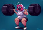  2016 5_fingers barbell bob-omb breasts clothing crouching dark_skin exercise female hair hi_res humanoid mario_bros mataknight nintendo not_furry outta_sync pink_hair shorts shy-bomb signature simple_background slightly_chubby solo sweat teal_background thick_thighs video_games weightlifting weights workout 
