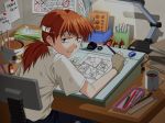  ayanami_raising_project calendar_(object) commentary cup desk drawing eraser fingerless_gloves from_behind gloves headband inkwell jbbetz long_hair looking_at_viewer looking_back mug neon_genesis_evangelion orange_hair pencil sitting solo souryuu_asuka_langley 