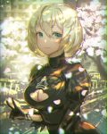  black_dress blonde_hair breasts cherry_blossoms chromatic_aberration cleavage cleavage_cutout commentary_request dress green_eyes hair_between_eyes kaburagi_yasutaka light_smile looking_at_viewer medium_breasts mole mole_under_mouth nier_(series) nier_automata no_blindfold short_hair solo upper_body v yorha_no._2_type_b 