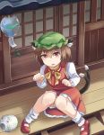  absurdres animal_ears bloomers blush brown_hair cat_ears cat_tail chen eyebrows_visible_through_hair fang hair_between_eyes hat highres houshiruri kayari_buta knees_together_feet_apart long_sleeves looking_at_viewer mary_janes mob_cap multiple_tails parted_lips paw_pose red_eyes red_footwear red_skirt red_vest ribbon shoes short_hair sitting skirt sliding_doors socks solo tail touhou underwear veranda vest white_legwear wind_chime yellow_ribbon 