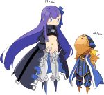  1girl avicebron_(fate) blonde_hair blue_eyes cape commentary crotch_plate fate/grand_order fate_(series) height_difference highres long_coat long_hair mask meltlilith navel pekeko_(pepekekeko) purple_hair sleeves_past_wrists spikes trait_connection very_long_hair 
