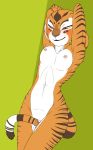  2018 anthro athletic blush breasts dreamworks feline female fur kung_fu_panda liontaro mammal master_tigress masturbation mutlicolored_fur nipples nude pussy pussy_juice red_eyes simple_background smile solo standing stripes tiger vaginal vaginal_masturbation 