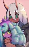  absurdres aqua_eyes closed_mouth crossover dark_skin darling_in_the_franxx gen_7_pokemon grey_hair hair_between_eyes highres holding holding_pokemon hug long_hair long_sleeves mareanie nail_polish pink_background pokemon pokemon_(creature) red_nails ringed_eyes sharp_teeth simple_background sketch smile spoilers teeth upper_body xufei_(qrbqrb) yellow_sclera zero_two_(darling_in_the_franxx) 