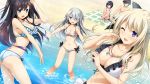  4girls :d ;d amatori_sumire ass beach bikini black_bow blonde_hair bow breasts brown_hair cleavage day floating_hair frilled_bikini frills fushimi_tomoe game_cg green_eyes hair_bow hair_ornament highres jewelry kanekiyo_miwa large_breasts leg_hug long_hair long_legs medium_breasts mizusaki_tsukino multiple_girls navel necklace one_eye_closed open_mouth outdoors purple_eyes short_hair sideboob silver_hair sitting smile standing striped striped_bikini swimsuit takase_konoha twitter_username wading water white_bikini yurameku_kokoro_ni_michita_sekai_de_kimi_no_yume_to_yokubou_wa_kanau_ka 