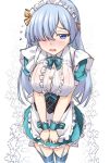  alternate_costume anastasia_(fate/grand_order) apron apron_tug blue_dress blue_eyes blue_legwear blush bow bowtie breasts buttons center_frills clothes_tug commentary_request corset cowboy_shot dress embarrassed enmaided fate/grand_order fate_(series) flying_sweatdrops frilled_apron frills garter_straps green_bow hair_bow hair_over_eyes hair_over_one_eye hairband long_hair looking_at_viewer maid maid_apron maid_headdress medium_breasts puffy_short_sleeves puffy_sleeves shirokuma_a short_sleeves solo standing thighhighs waist_apron white_apron wrist_cuffs yellow_bow 